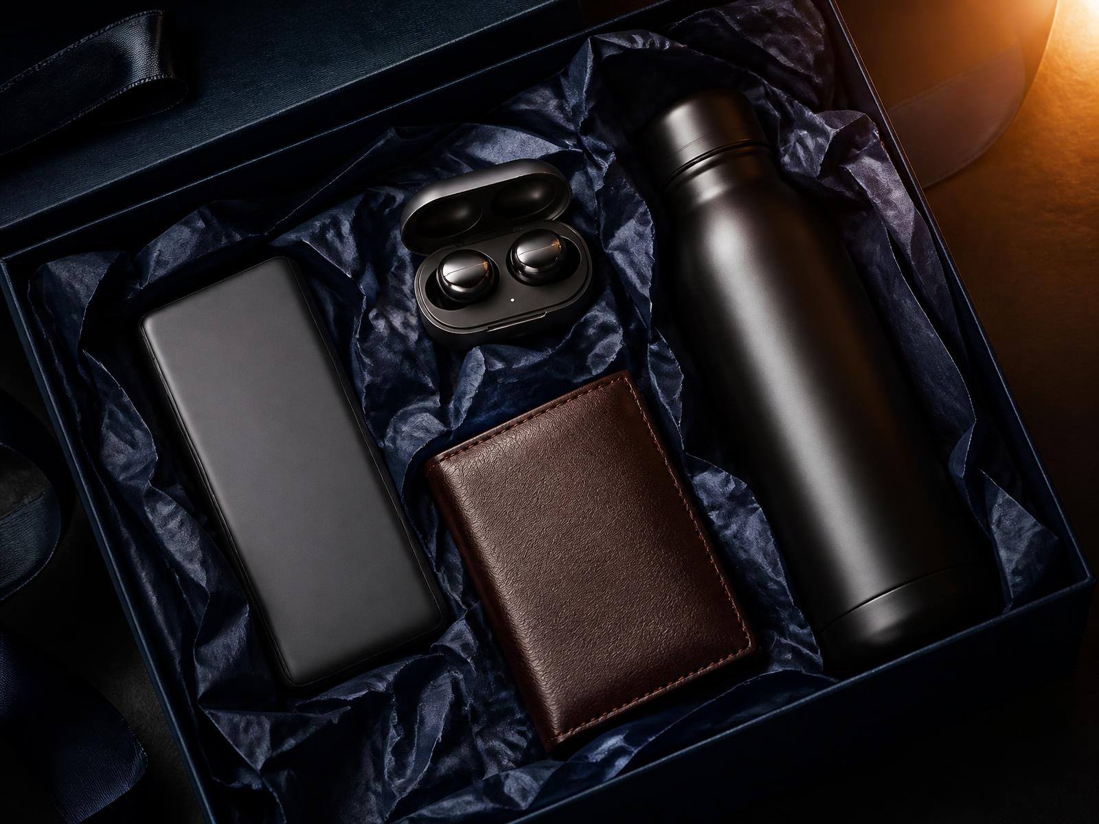 Premium gift hamper with power bank, earbuds, leather wallet and steel bottle